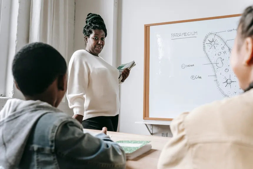African American female teacher standing near whiteboard and explaining scheme to pupils during lesson in school